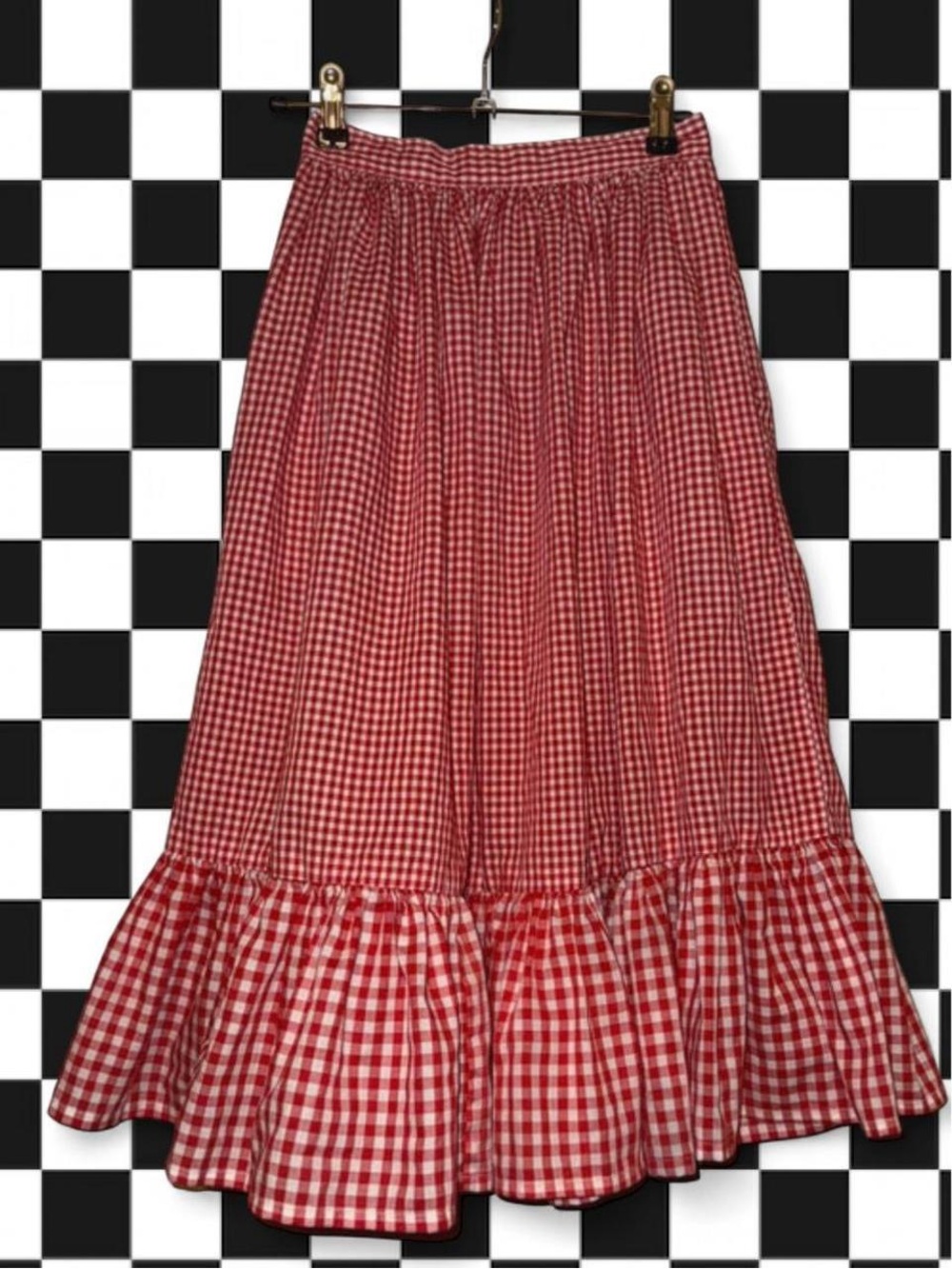 Red Gingham Maxi Skirt with Ruffle Hem - Women